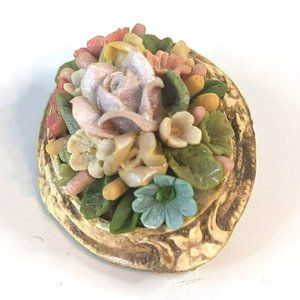 Vintage 1980s Handcrafted Bread Dough Pastel Floral Arrangement Oval Brooch